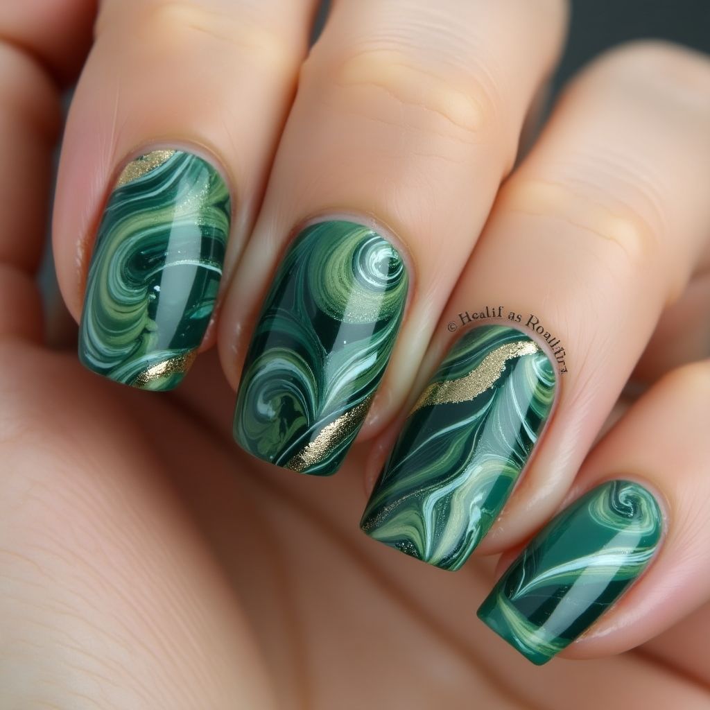 Olive Green Water Marbling Nail Design