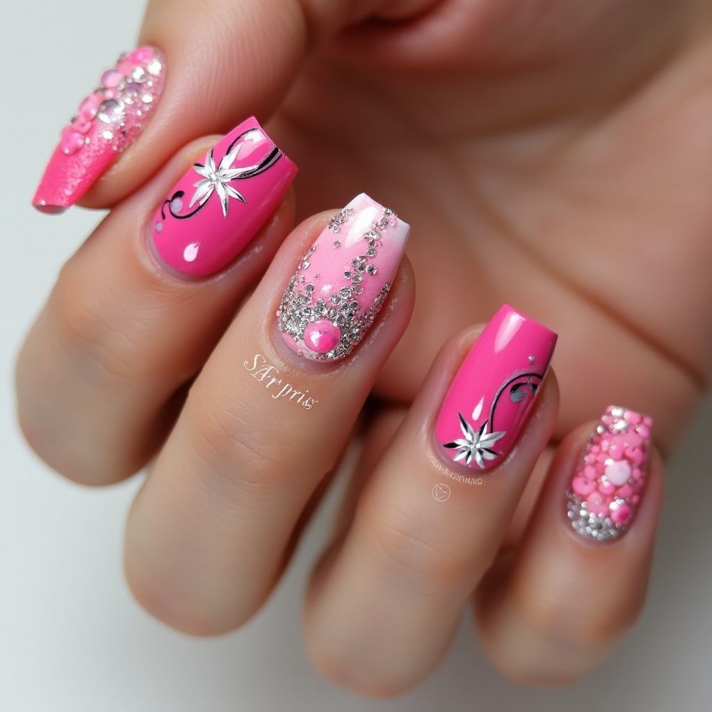 Hot Pink Freehand Art Nail Design