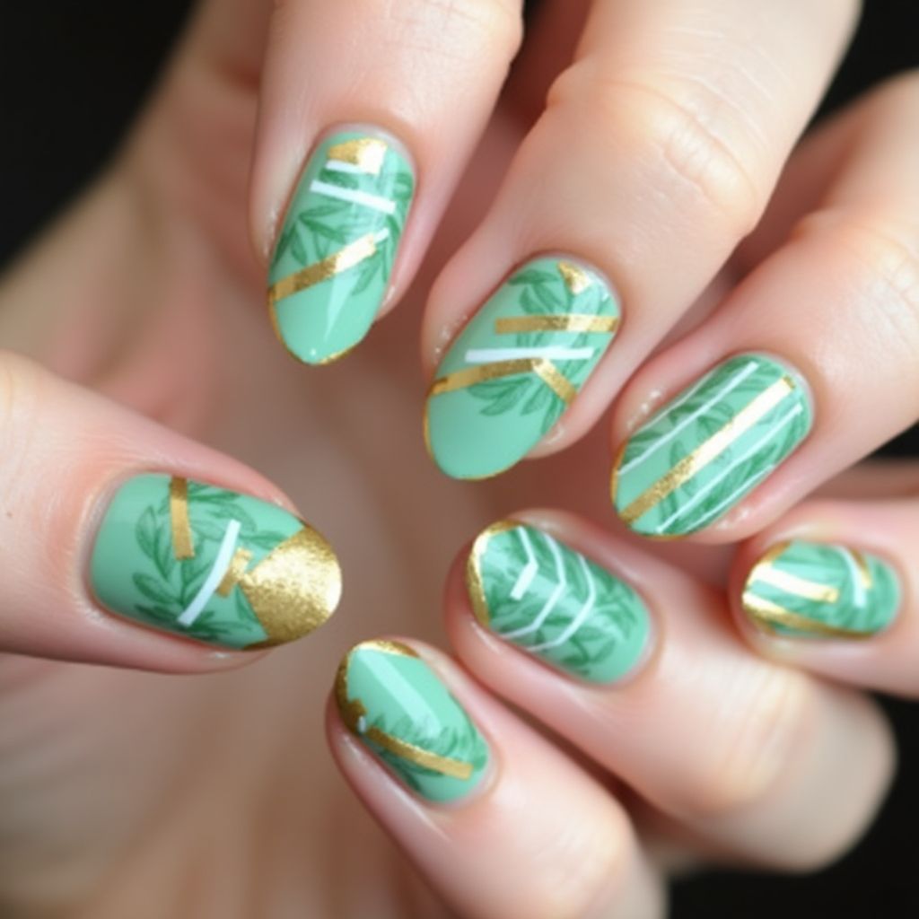 Mint Green Stripes And Lines Nail Design