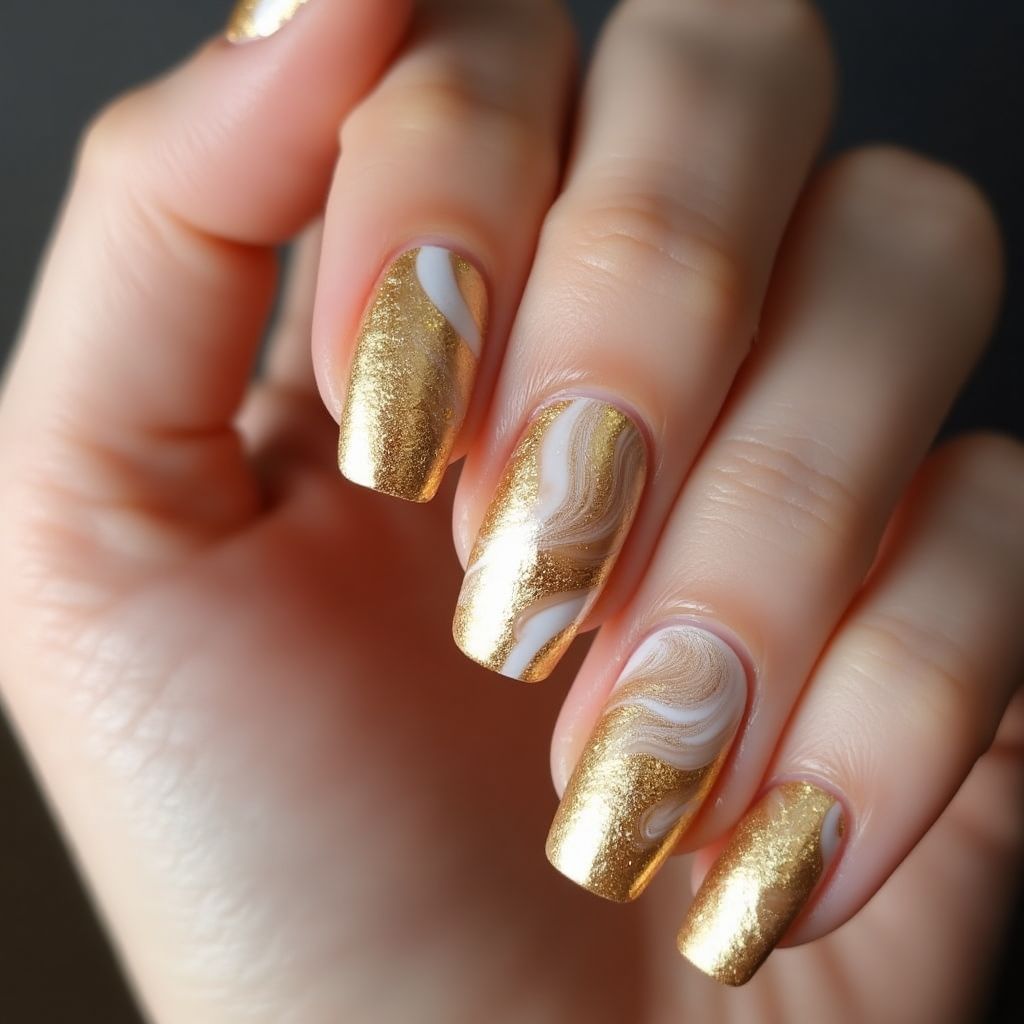 Gold Water Marbling Nail Design