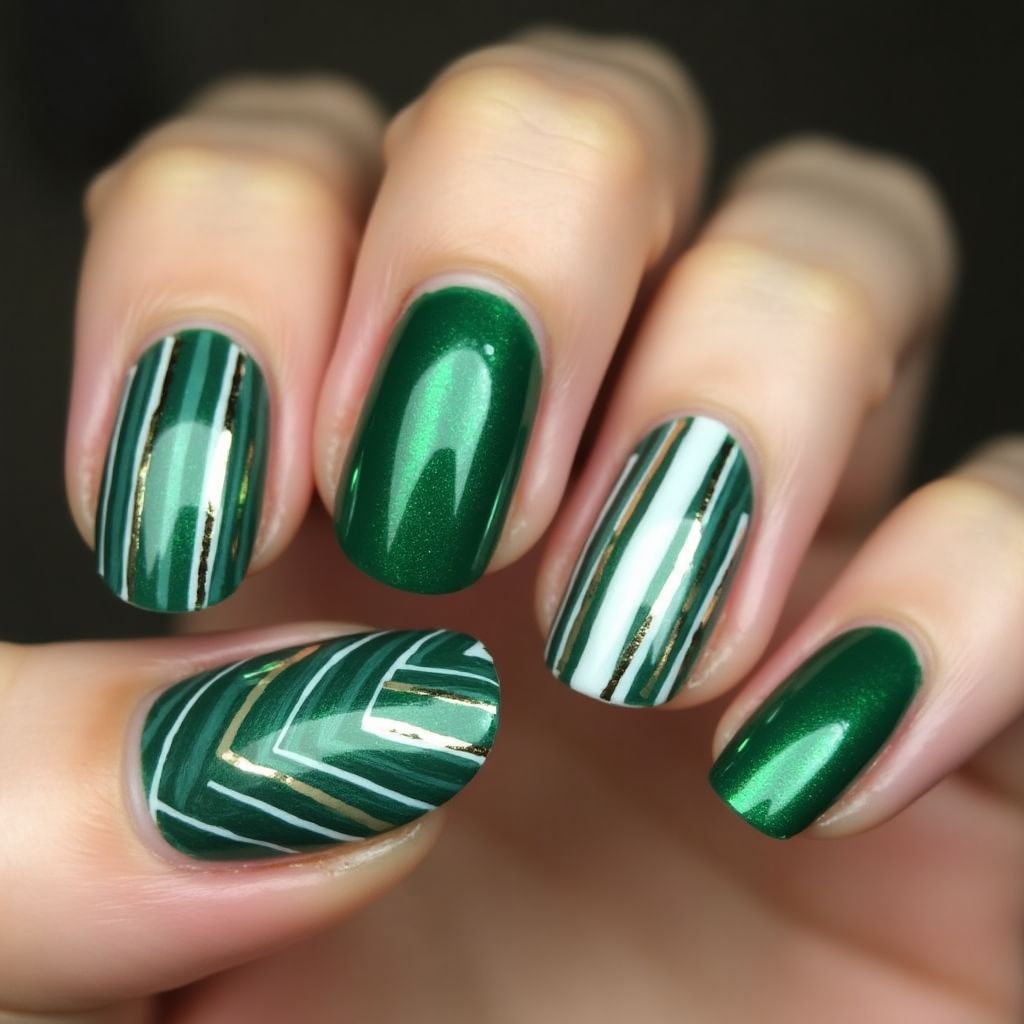 Emerald Green Stripes And Lines Nail Design