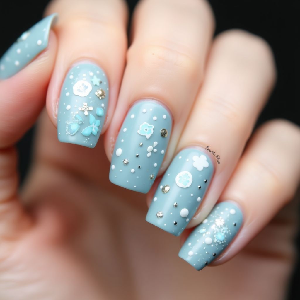 Pastel Blue Dotting Nail Design