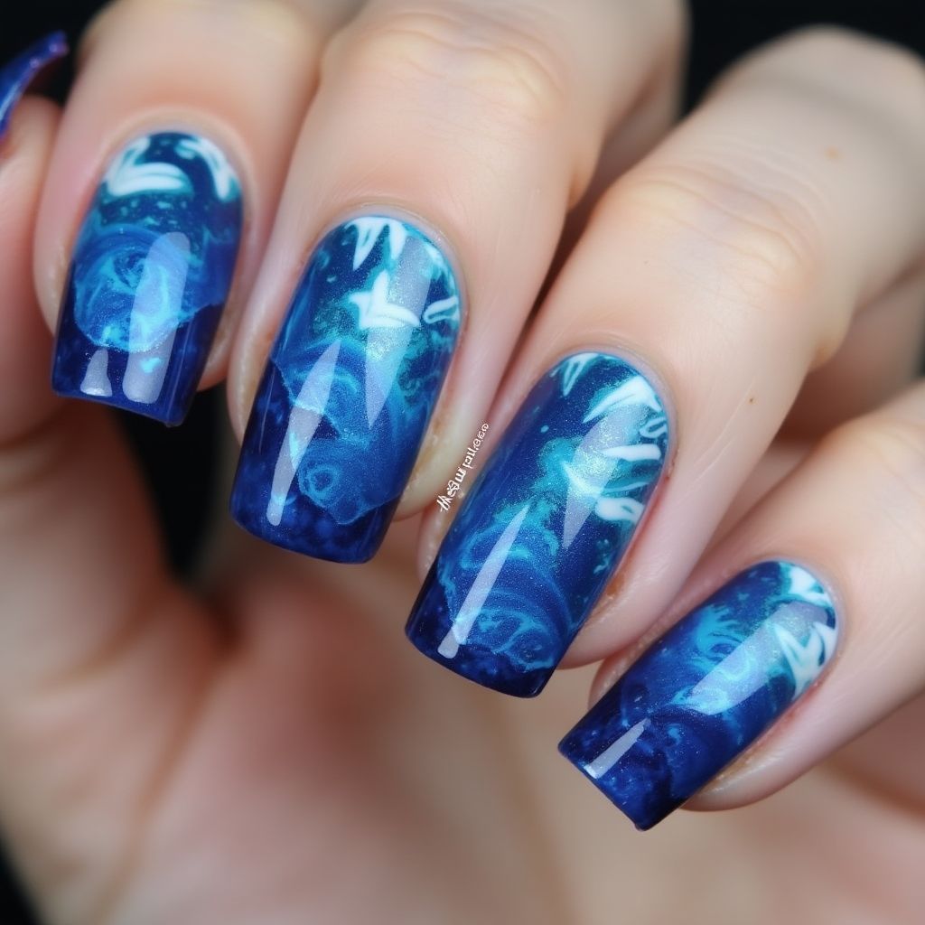 Blue Water Marbling Nail Design