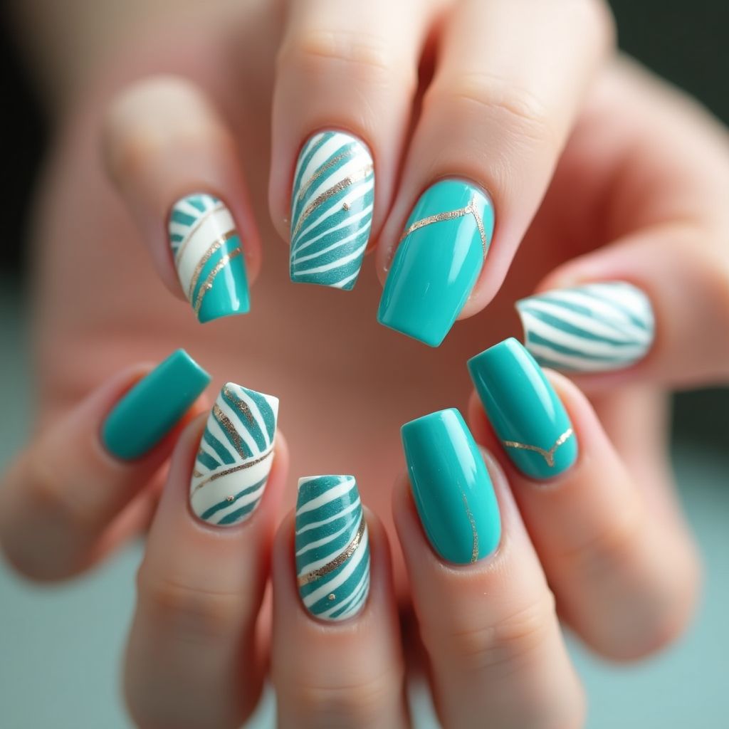 Turquoise Stripes And Lines Nail Design