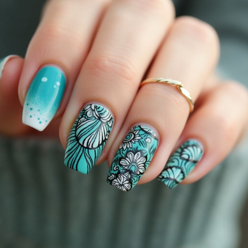 Turquoise Freehand Art Nail Design
