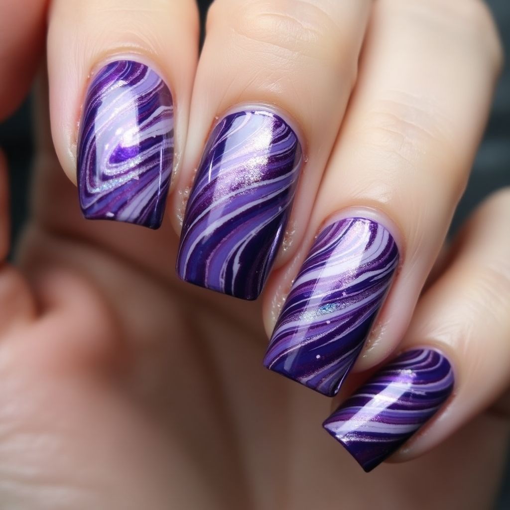 Purple Water Marbling Nail Design