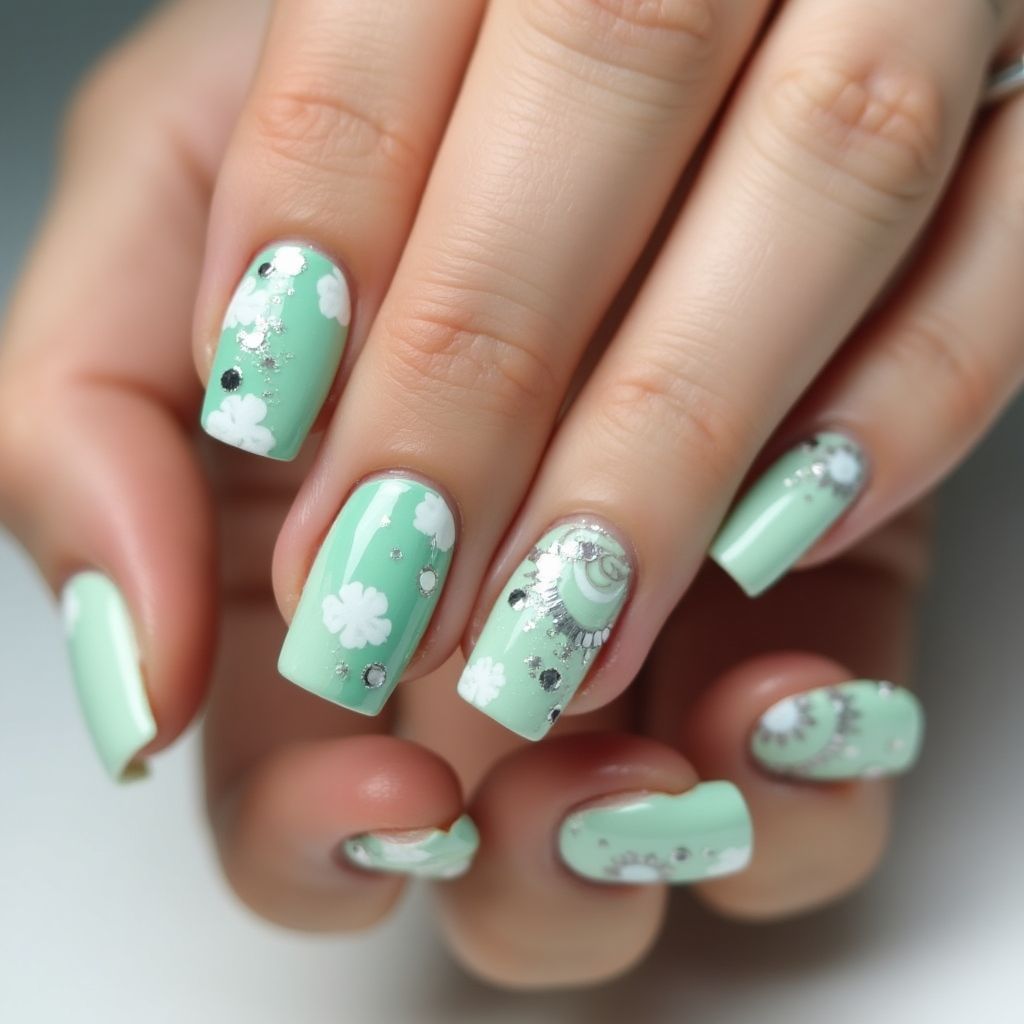 Mint Green Freehand Art Nail Design
