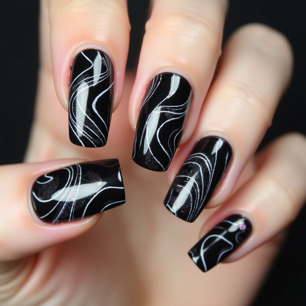 Black Water Marbling Nail Design