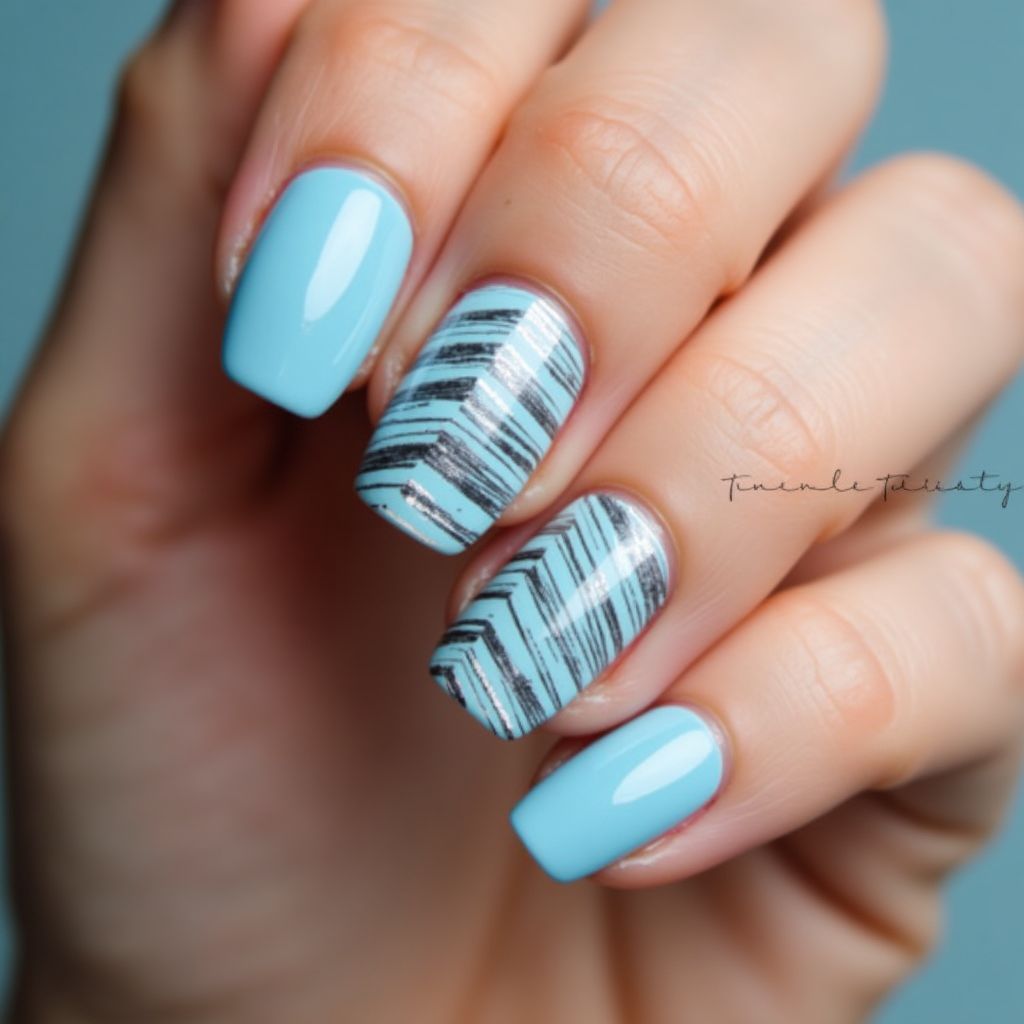 Sky Blue Stripes And Lines Nail Design