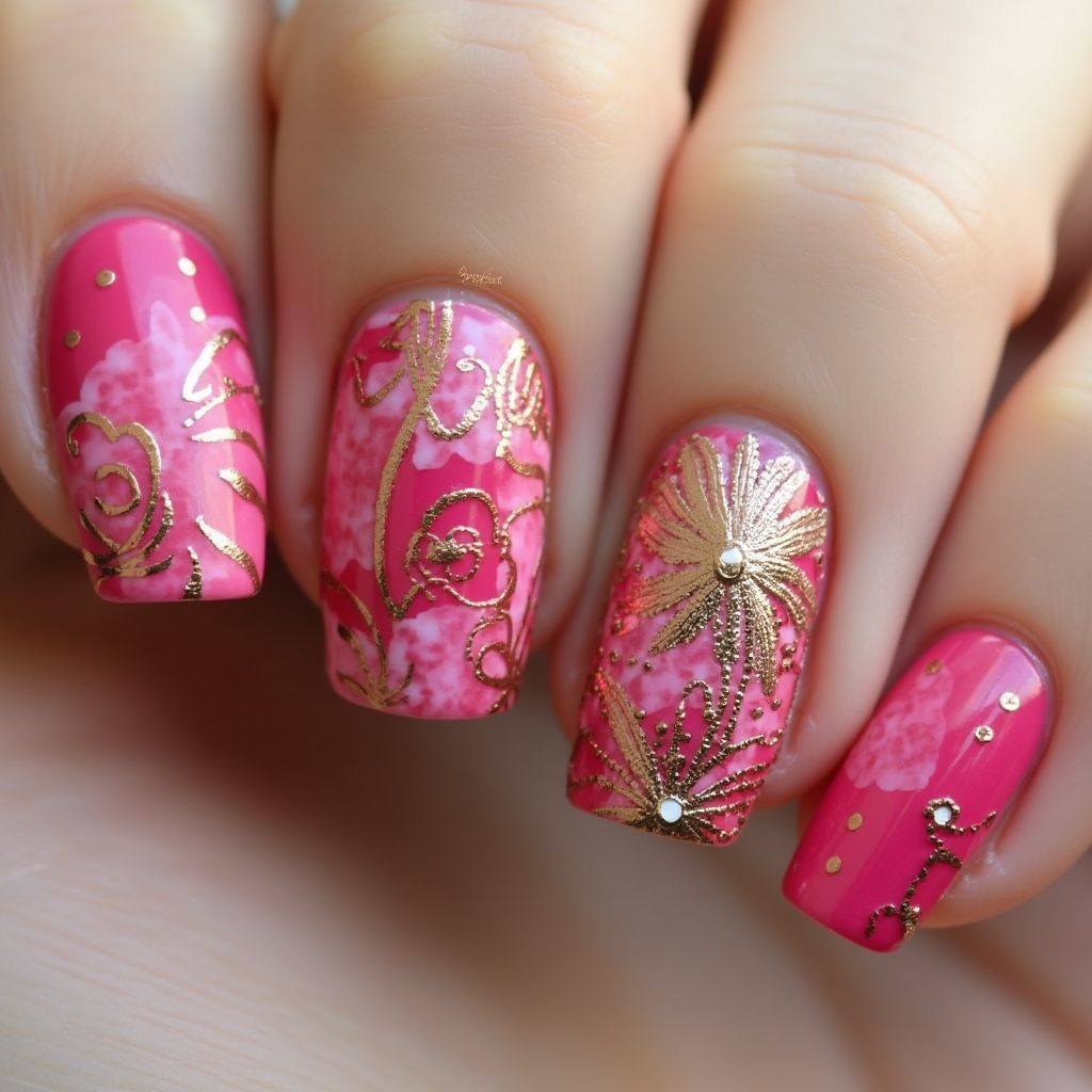 Hot Pink Freehand Art Nail Design