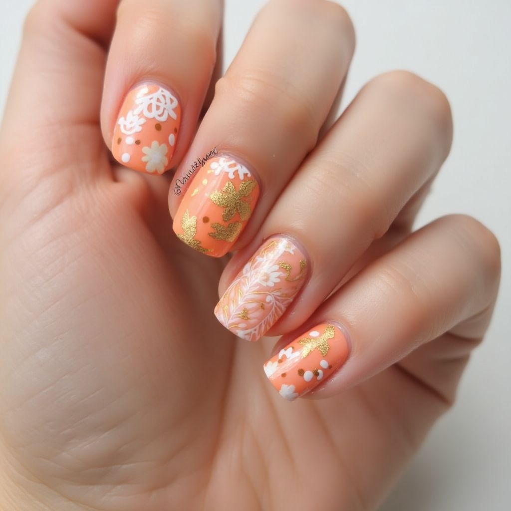 Peach Freehand Art Nail Design