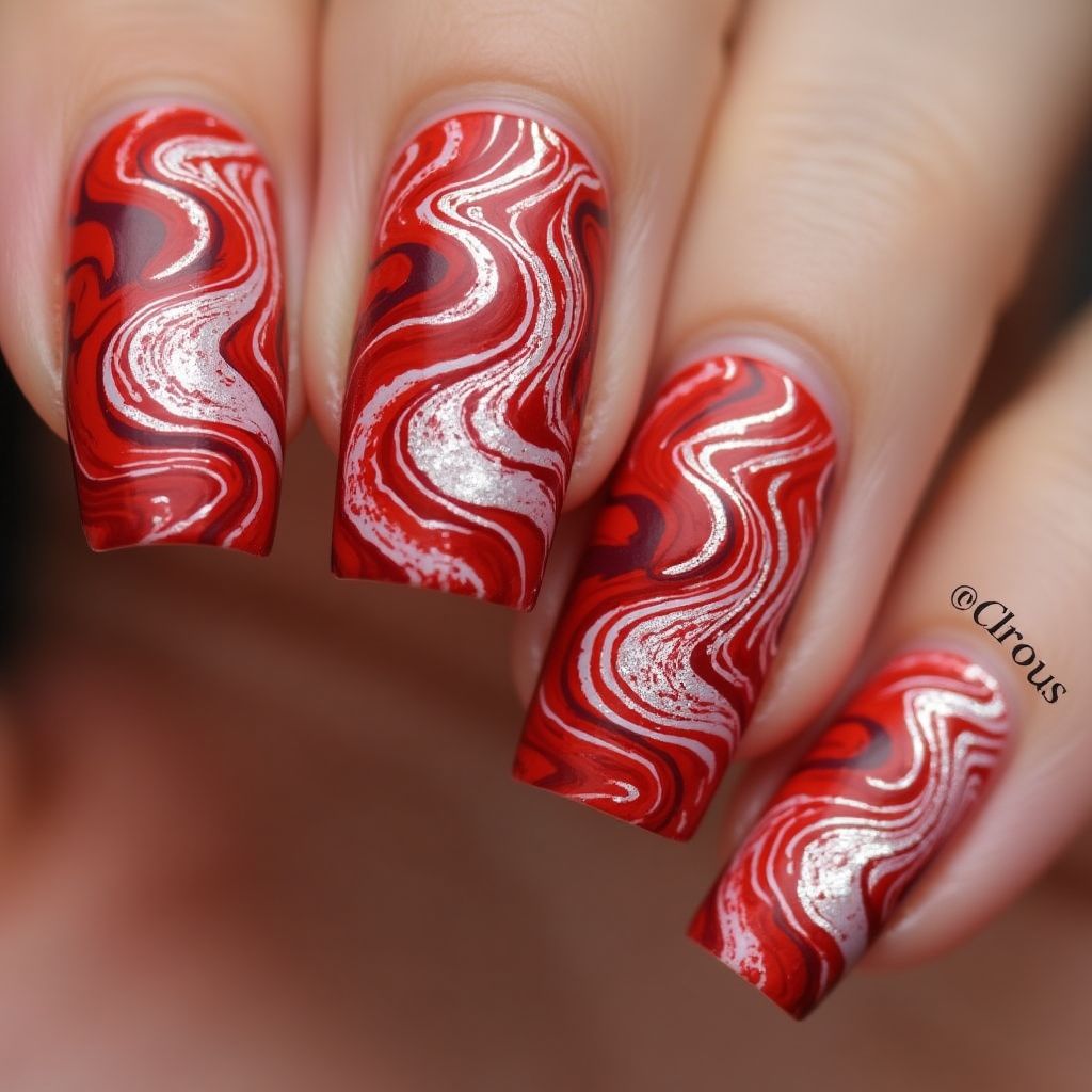 Red Water marbling Nail Design