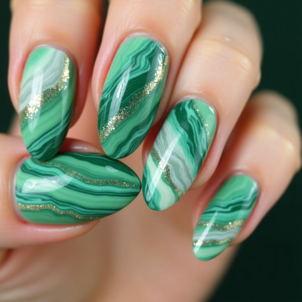 Green Water Marbling Nail Design