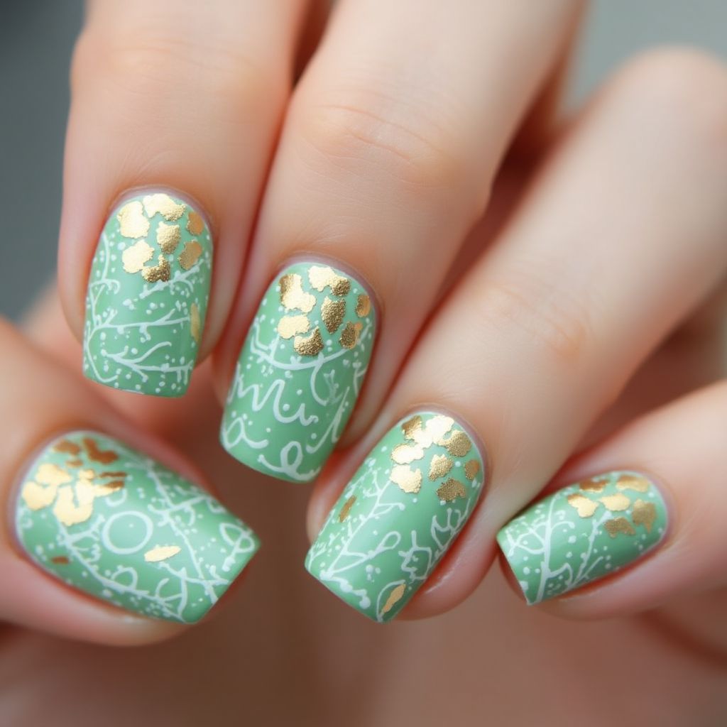 Mint Green Freehand Art Nail Design