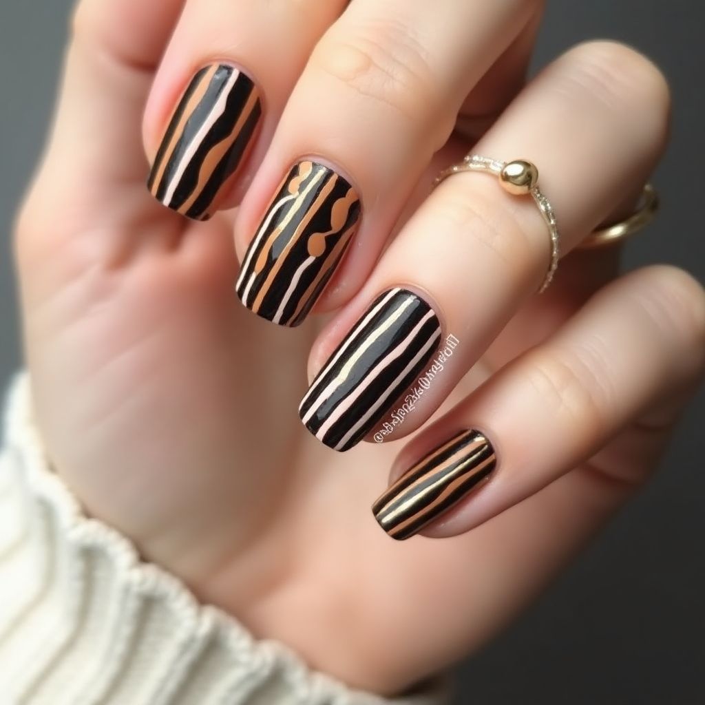 Tan Stripes And Lines Nail Design