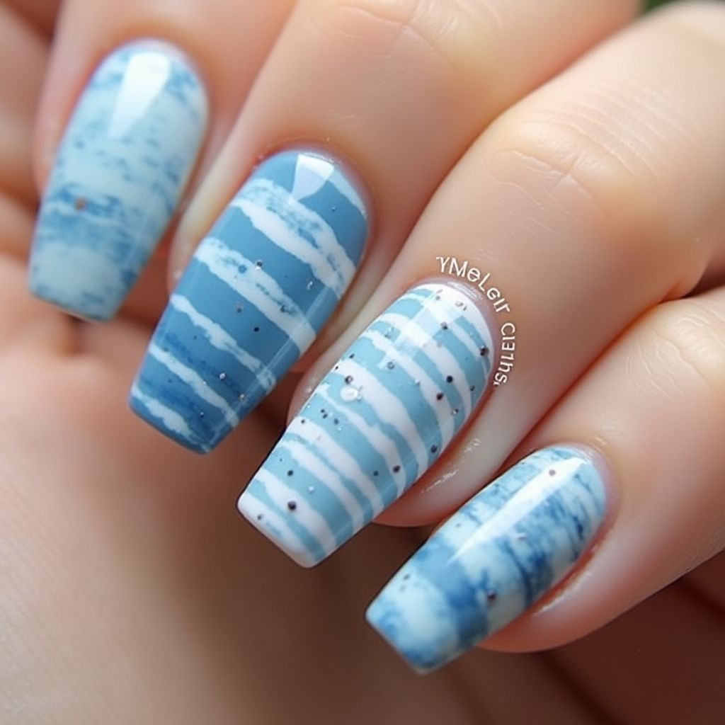 Sky Blue Stripes And Lines Nail Design