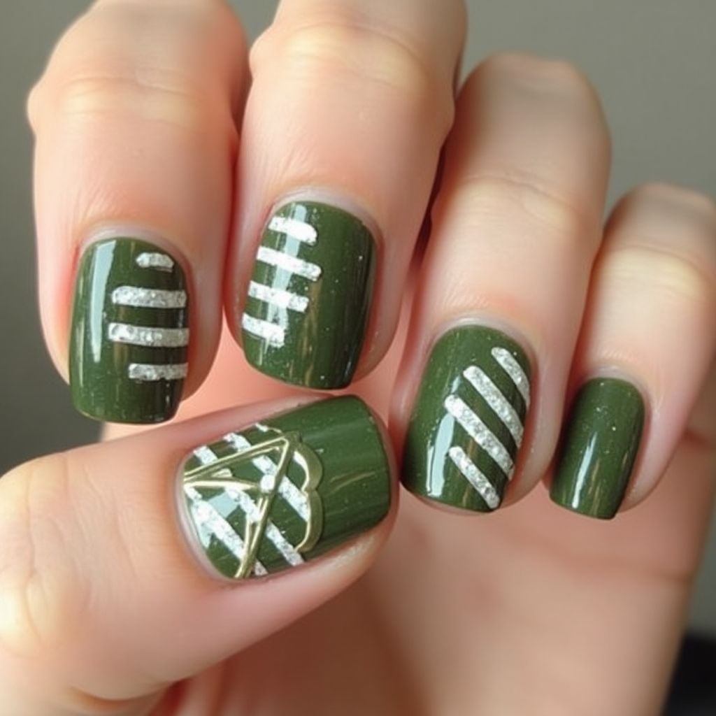 Olive Green Stripes And Lines Nail Design