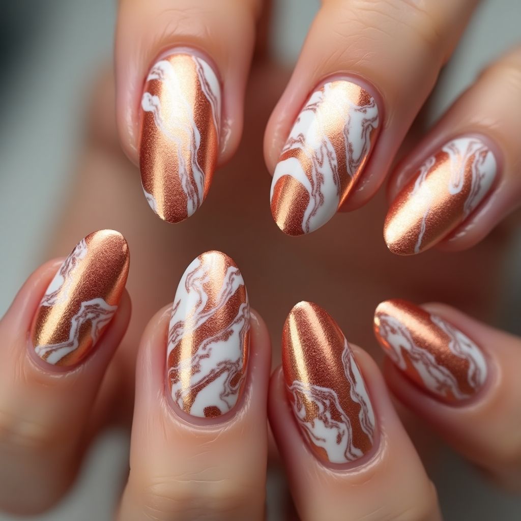 Copper Water Marbling Nail Design