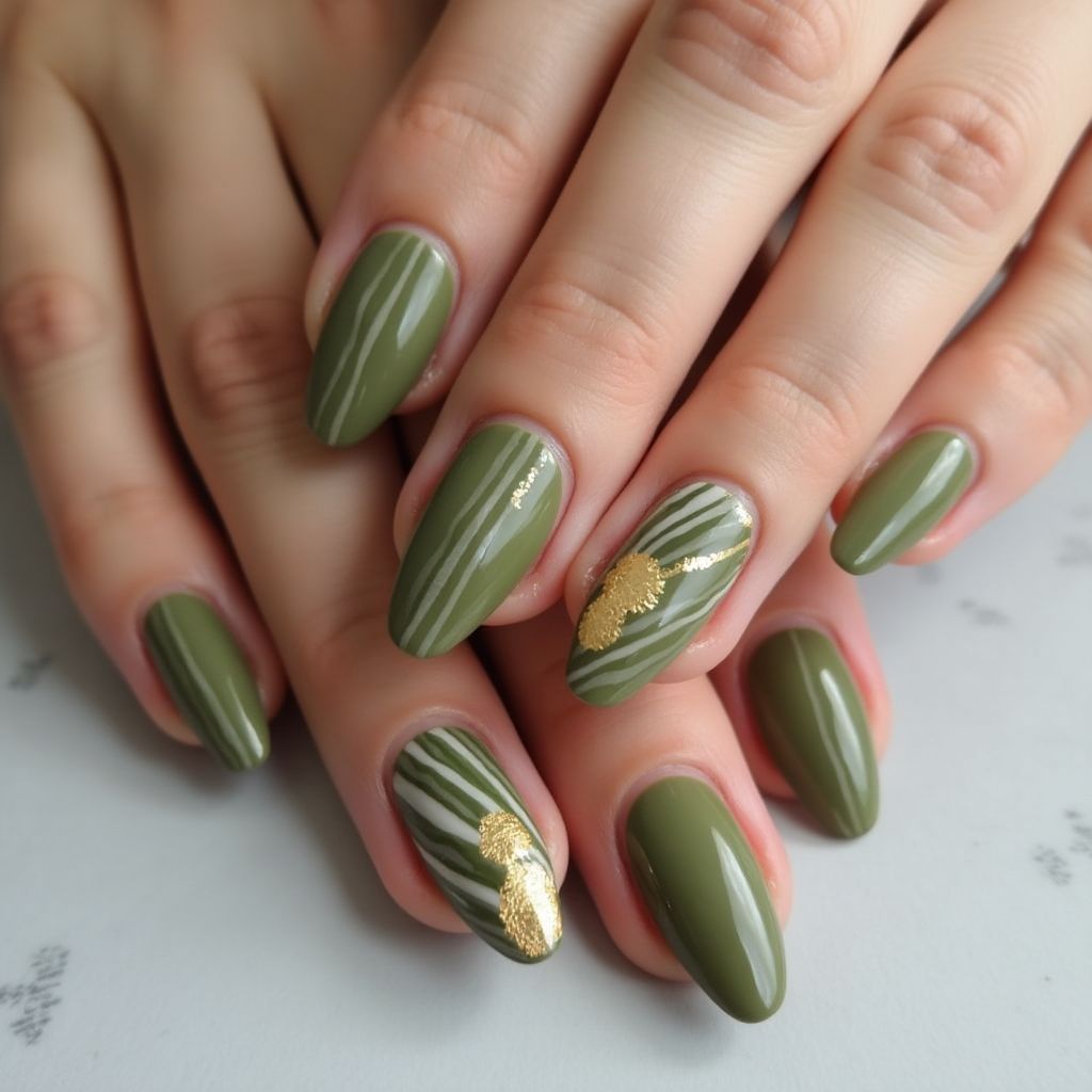 Olive Green Stripes And Lines Nail Design