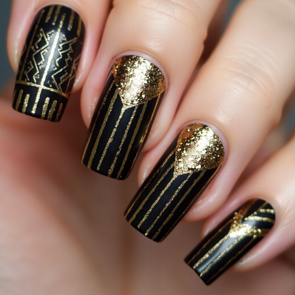 Gold Stripes And Lines Nail Design