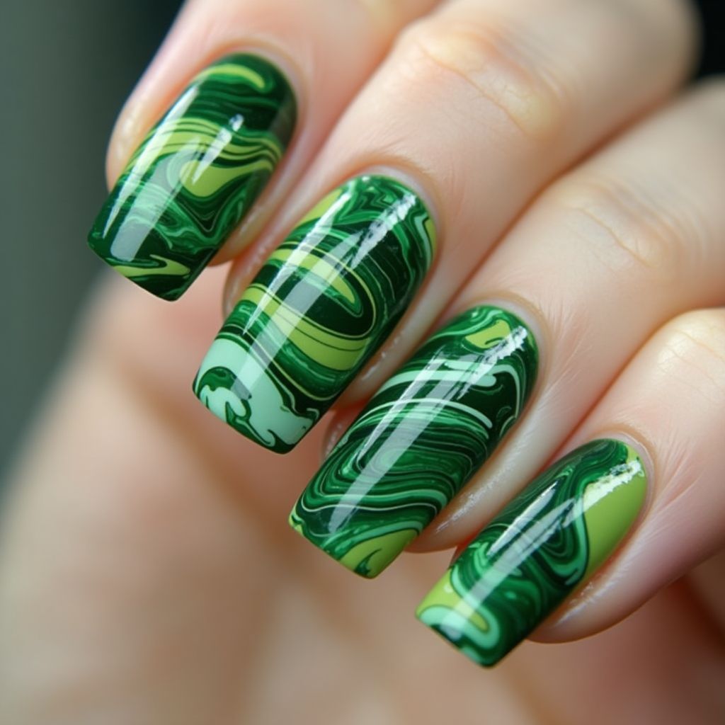 Green Water Marbling Nail Design
