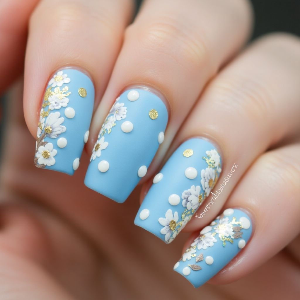 Sky Blue Dotting Nail Design