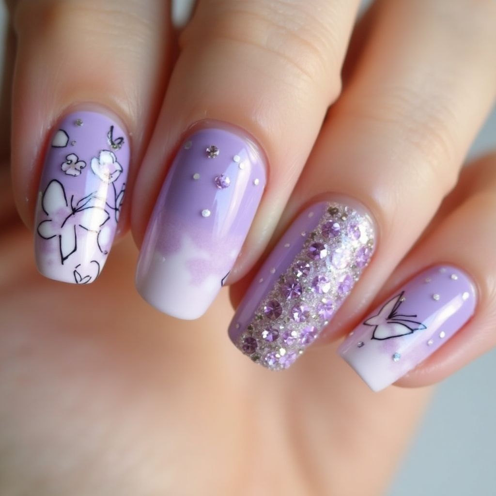 Pastel Purple Freehand Art Nail Design