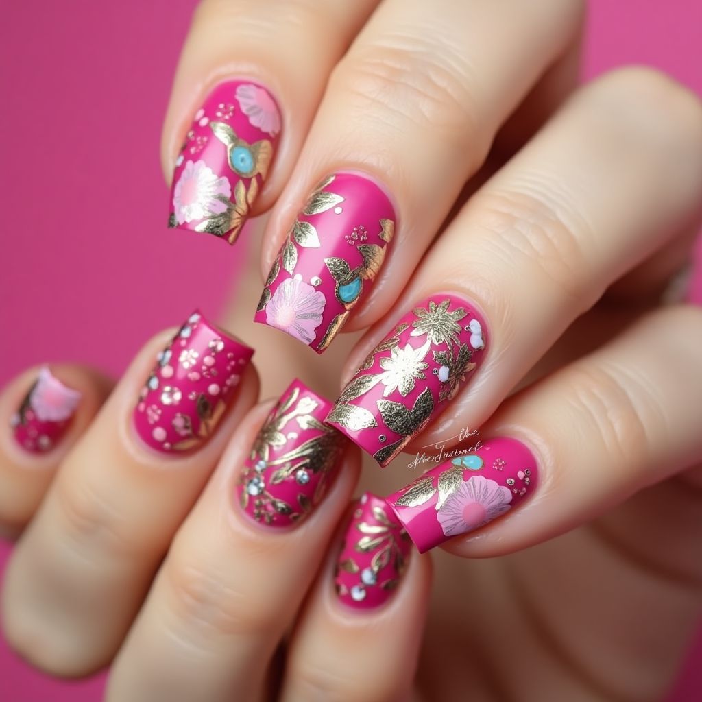 Fuchsia Freehand Art Nail Design
