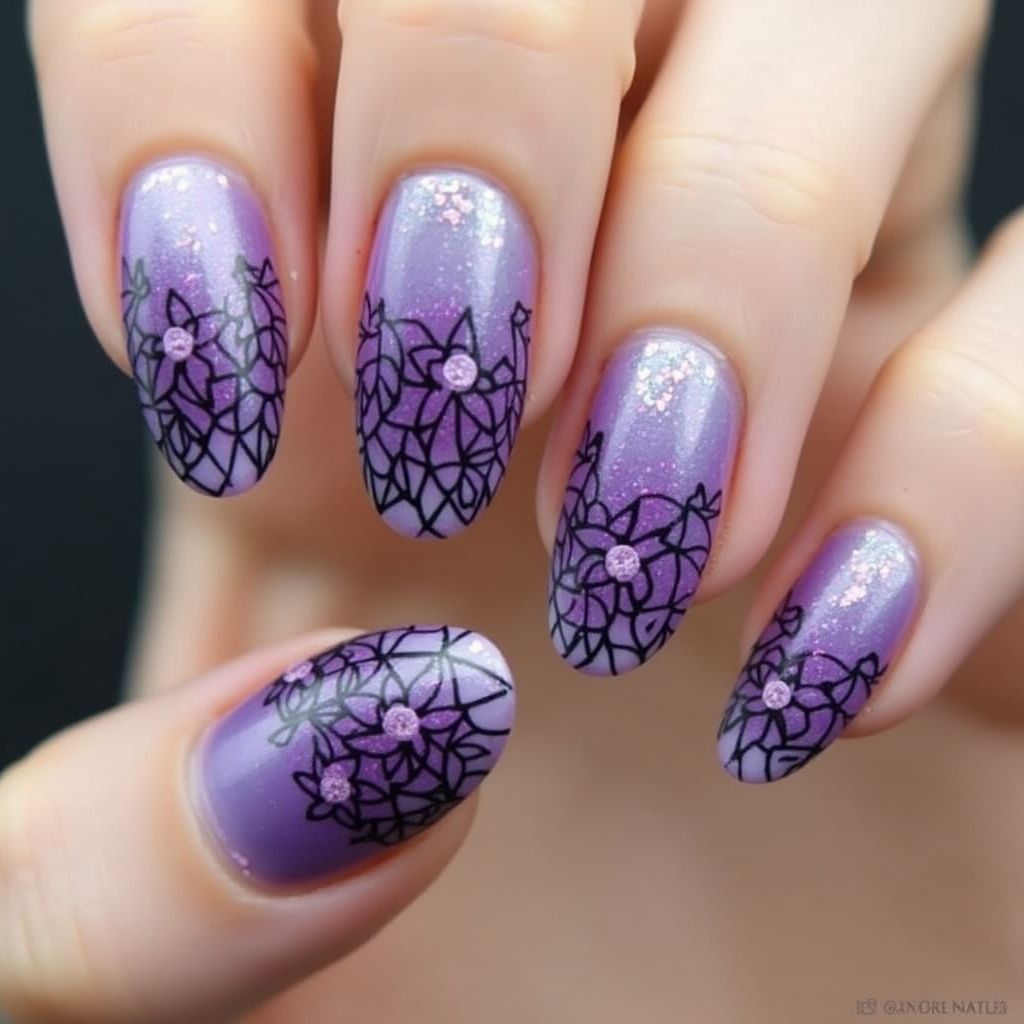 Purple Freehand Art Nail Design