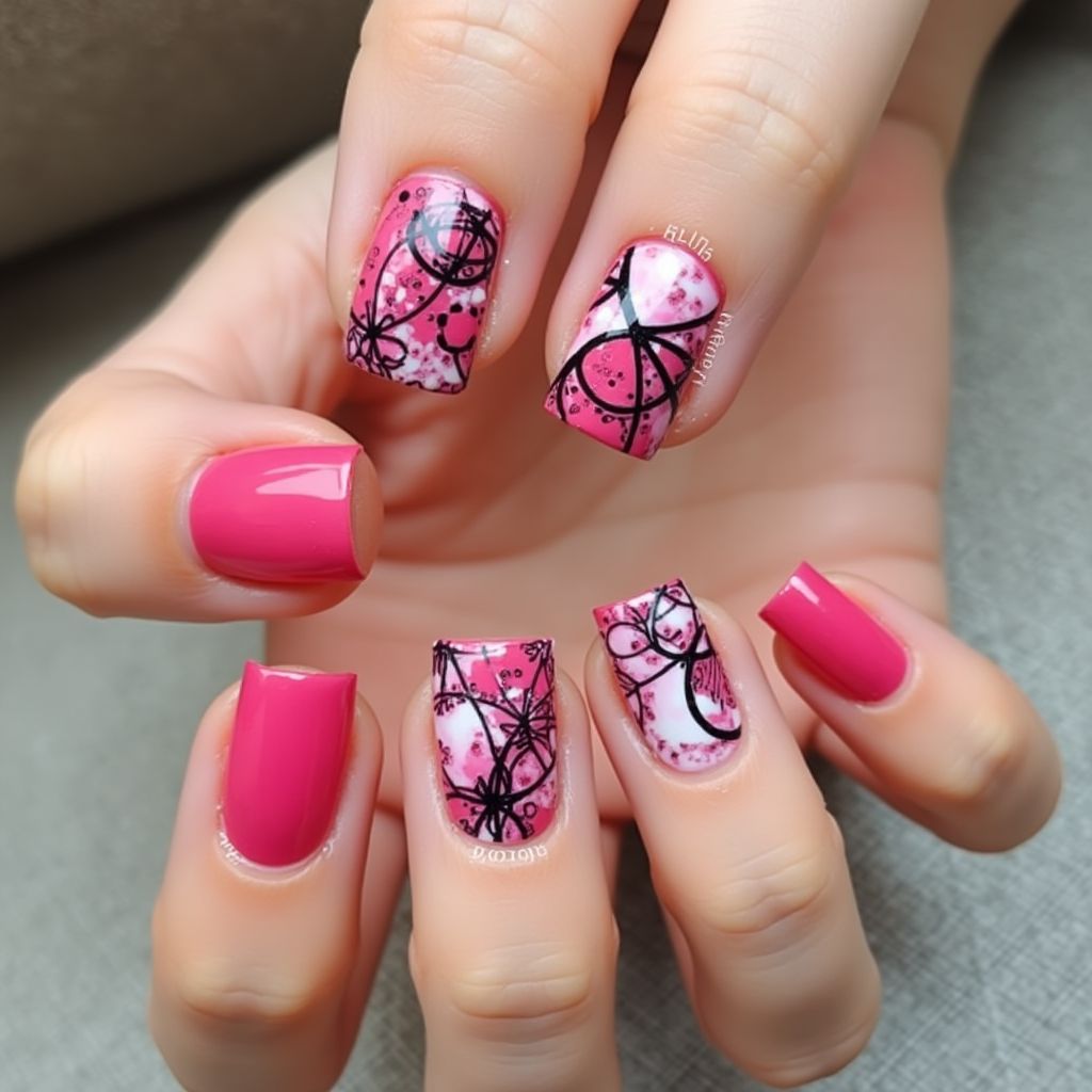 Hot Pink Freehand Art Nail Design