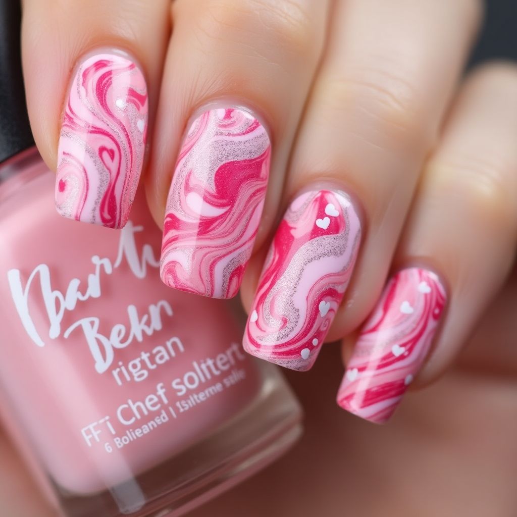 Pink Water Marbling Nail Design