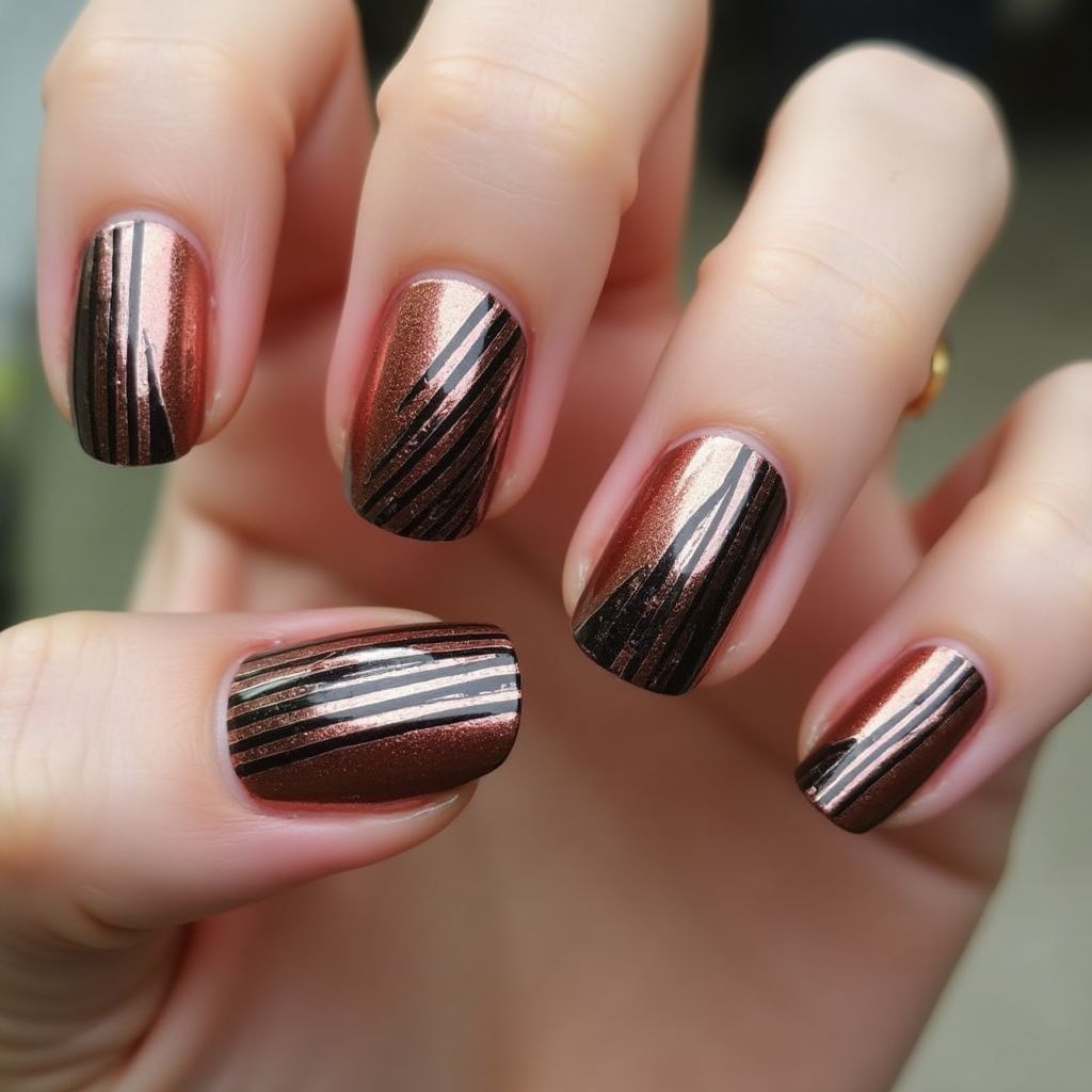 Copper Stripes And Lines Nail Design