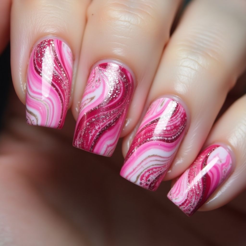 Fuchsia Water Marbling Nail Design