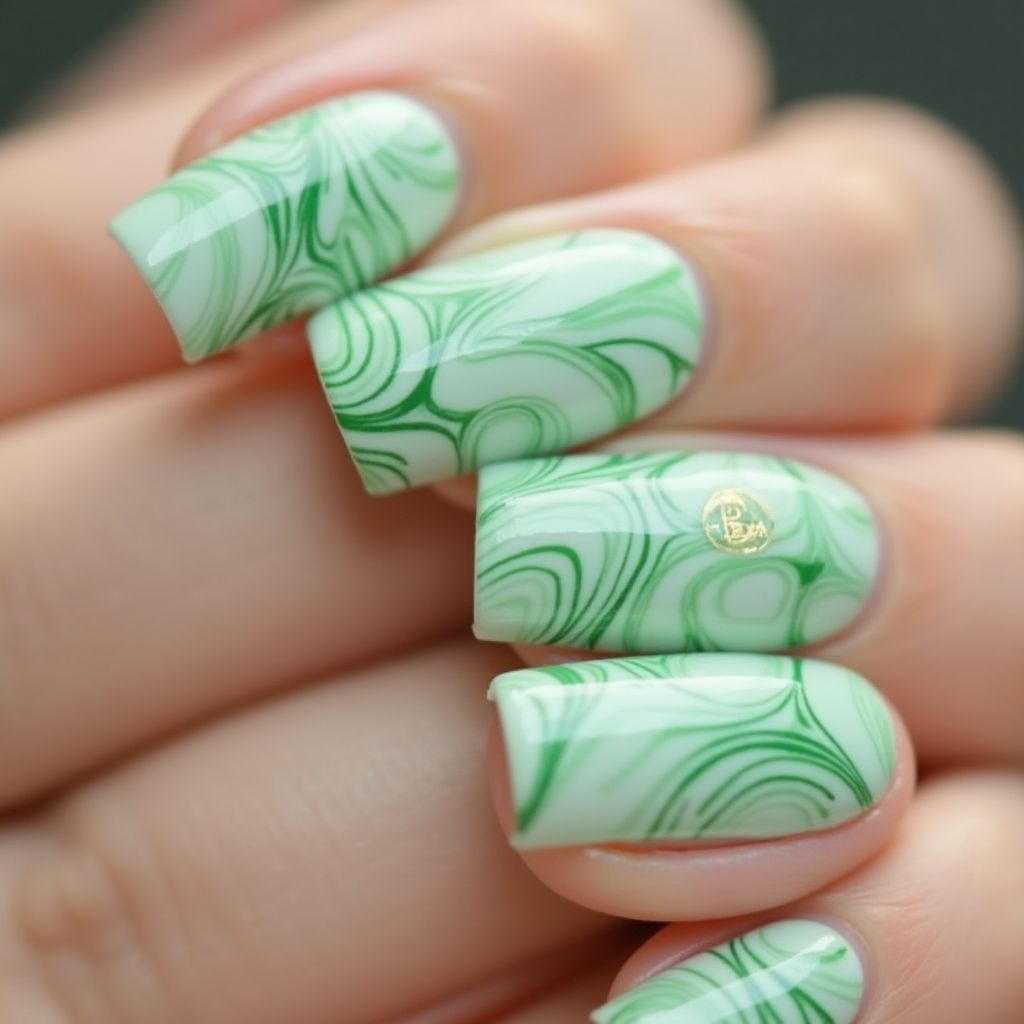 Pastel Green Water Marbling Nail Design