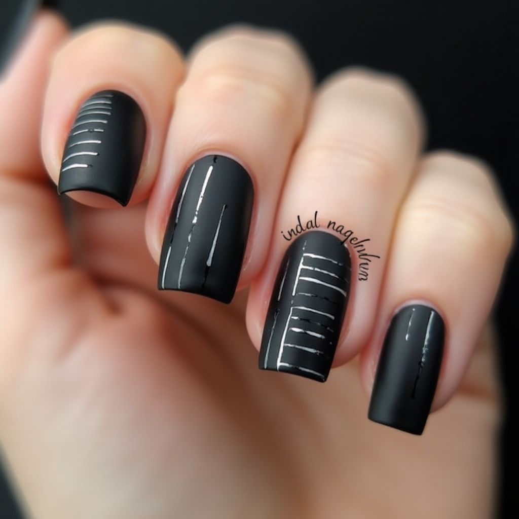 Black Stripes And Lines Nail Design