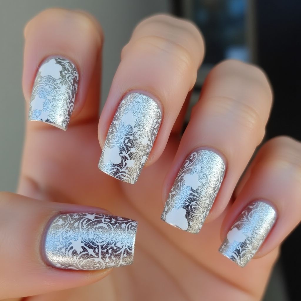 Silver Freehand Art Nail Design