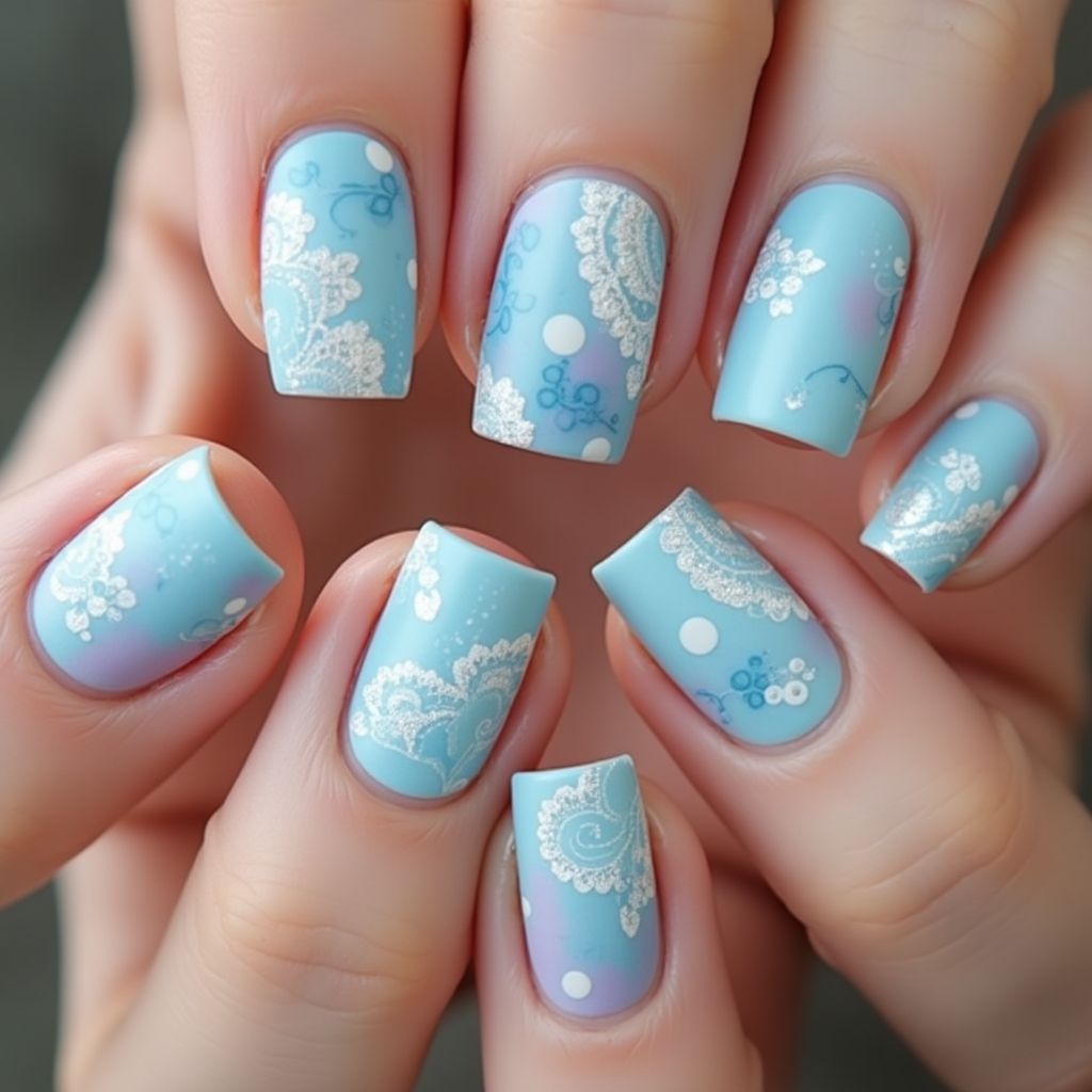 Pastel Blue Freehand Art Nail Design