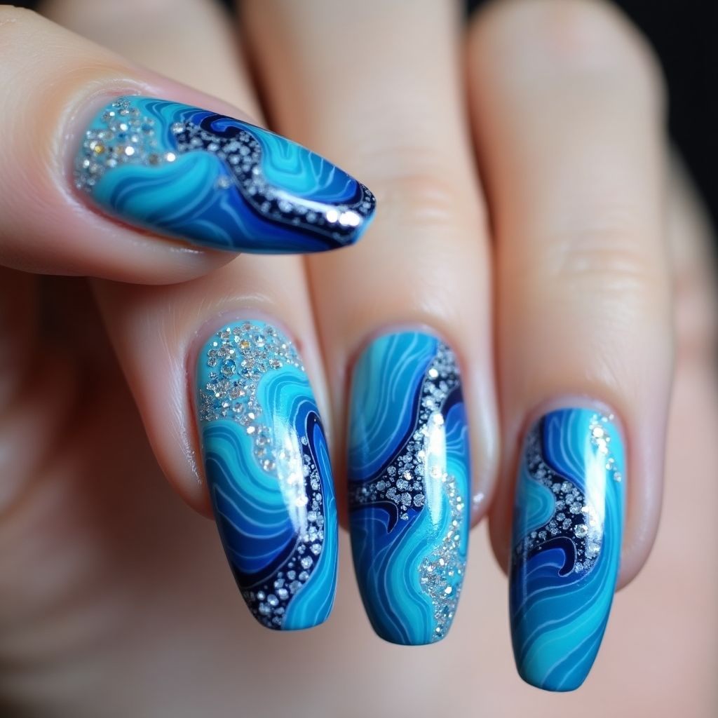 Blue Water Marbling Nail Design