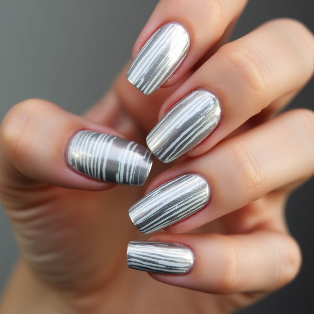 Silver Stripes And Lines Nail Design