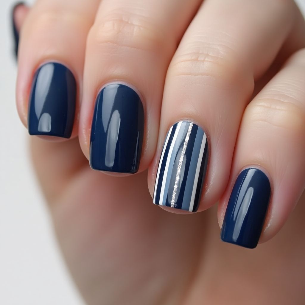 Navy Blue Stripes And Lines Nail Design