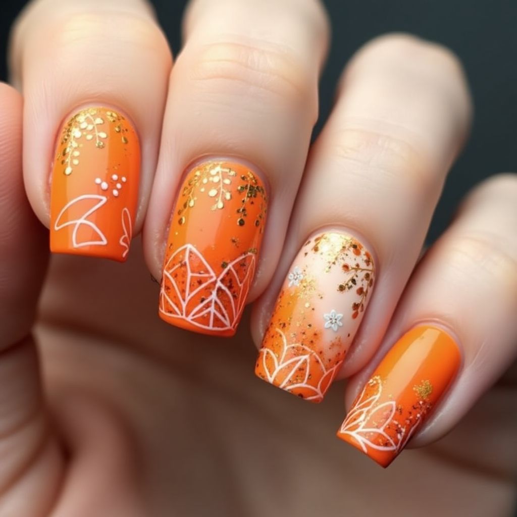Orange Freehand Art Nail Design
