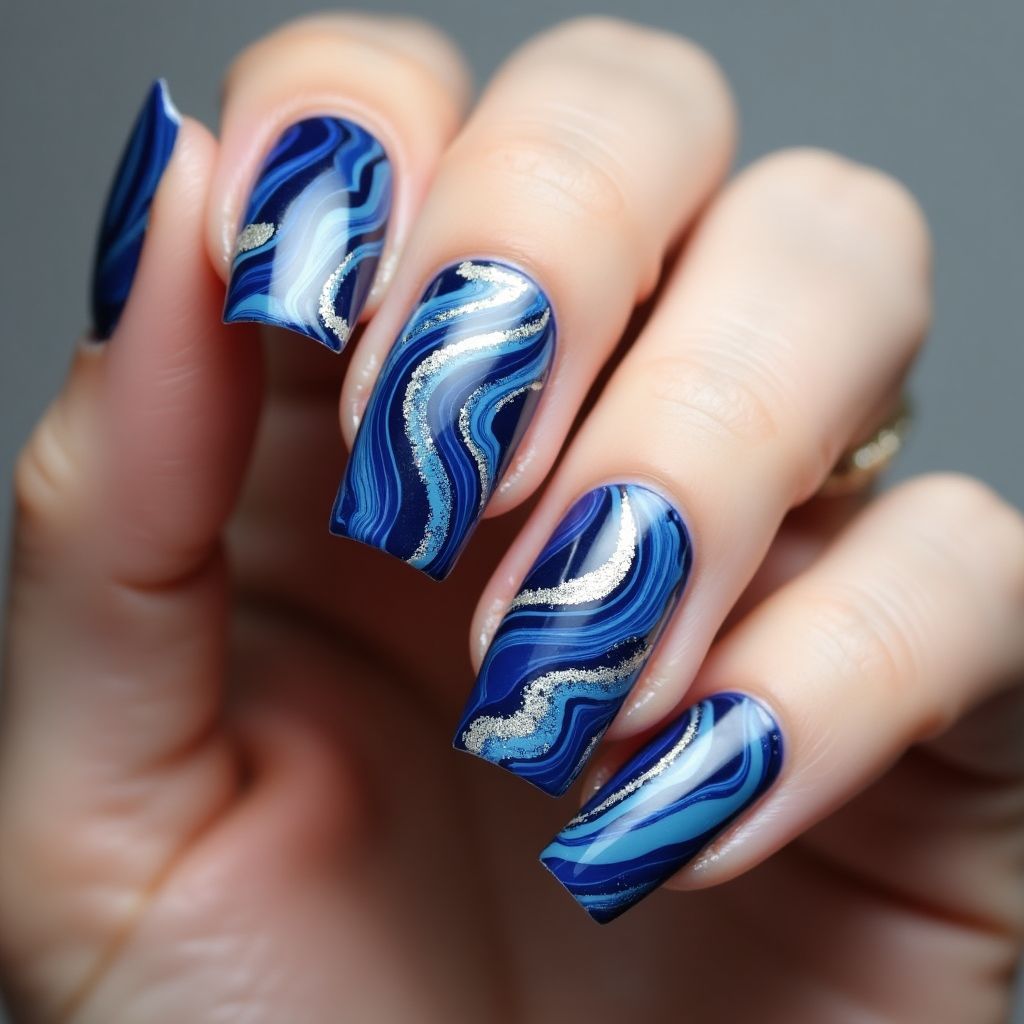Navy Blue Water Marbling Nail Design