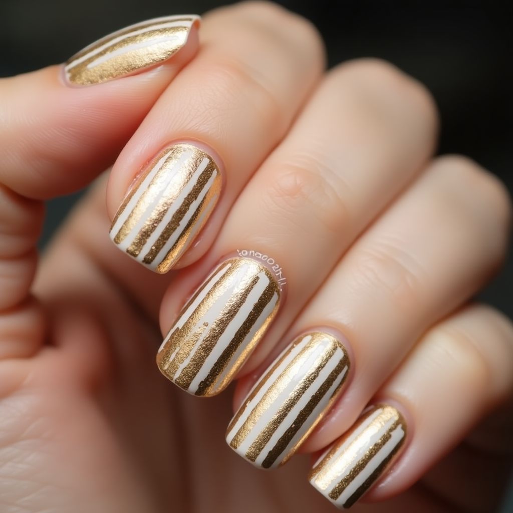 Gold Stripes and lines Nail Design