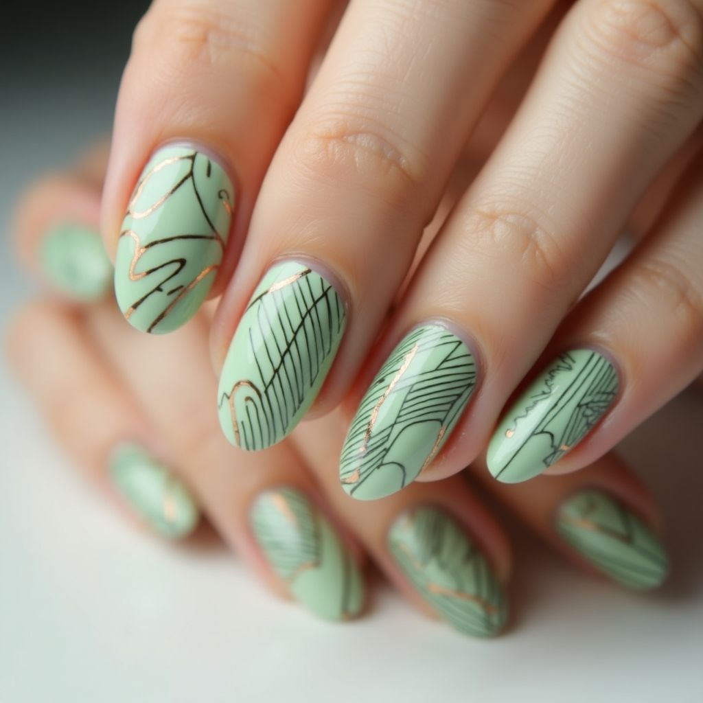 Pastel Green Stripes And Lines Nail Design