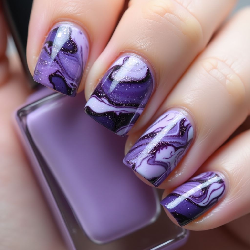 Purple Water Marbling Nail Design