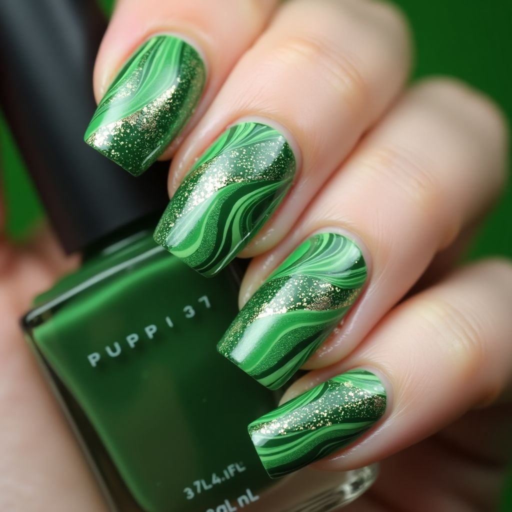 Green Water Marbling Nail Design