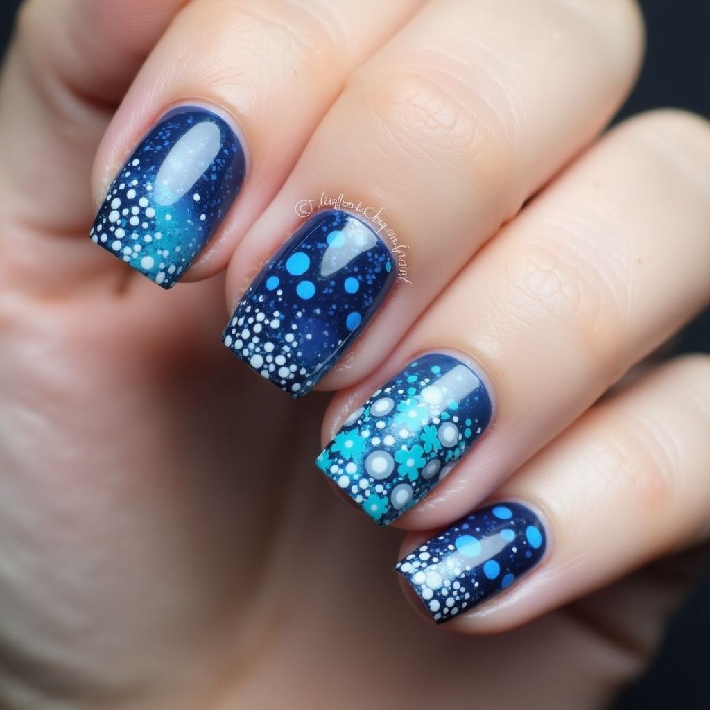 Blue Dotting Nail Design