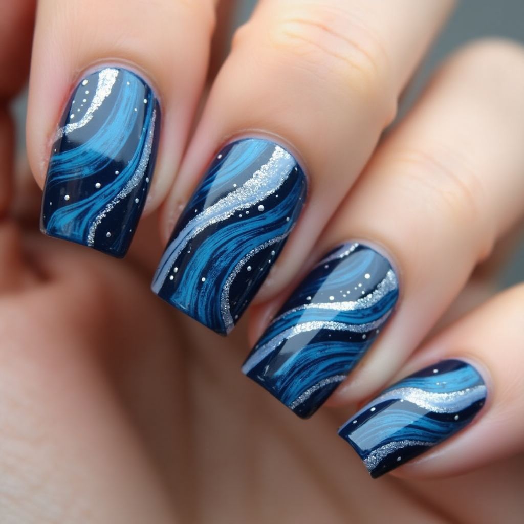Navy Blue Water Marbling Nail Design