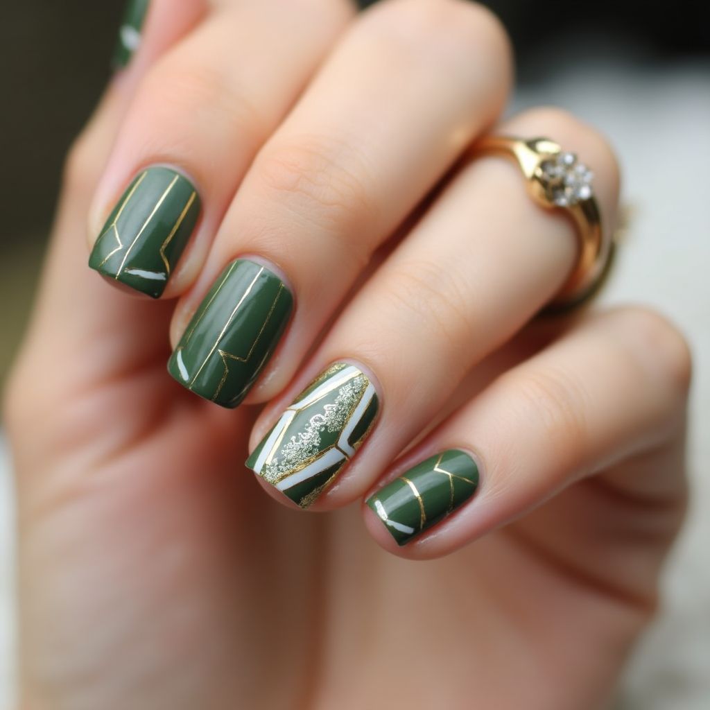 Olive Green Stripes And Lines Nail Design