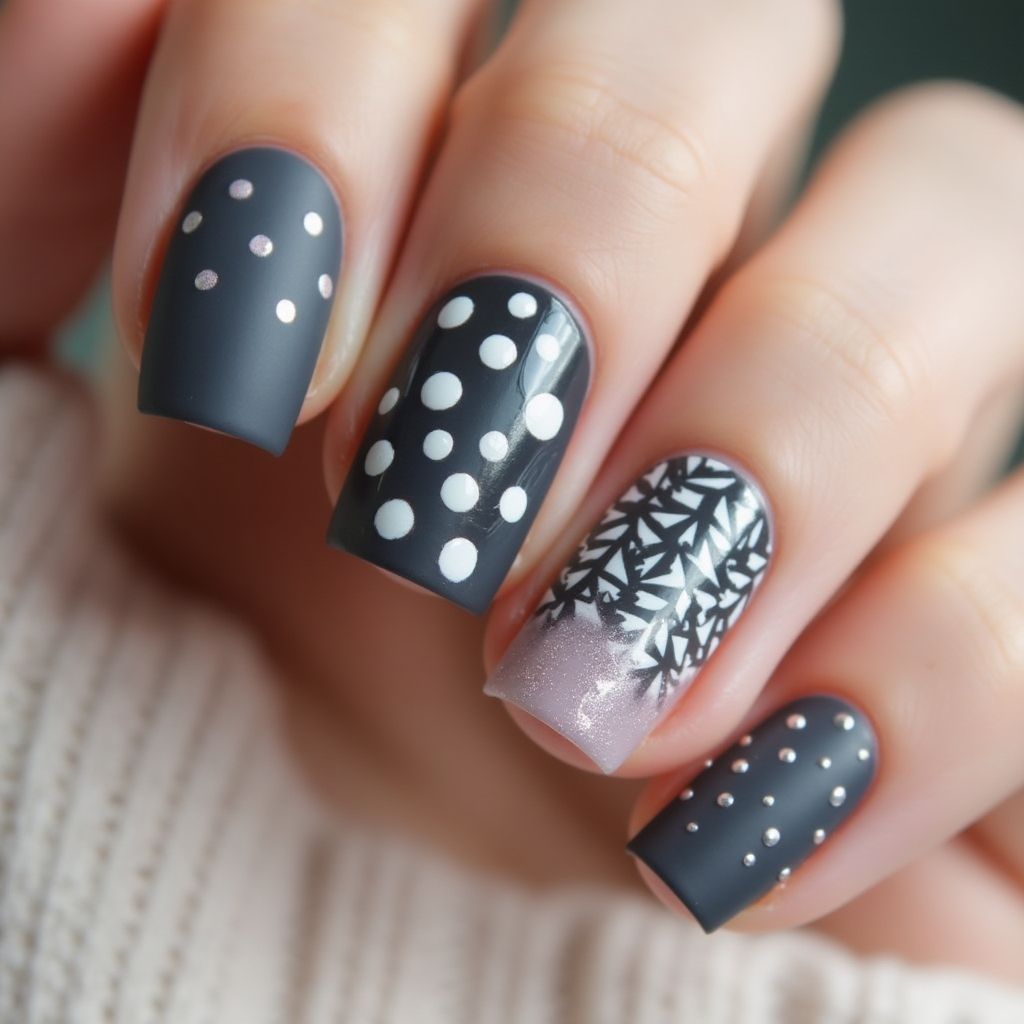 Charcoal Gray Dotting Nail Design